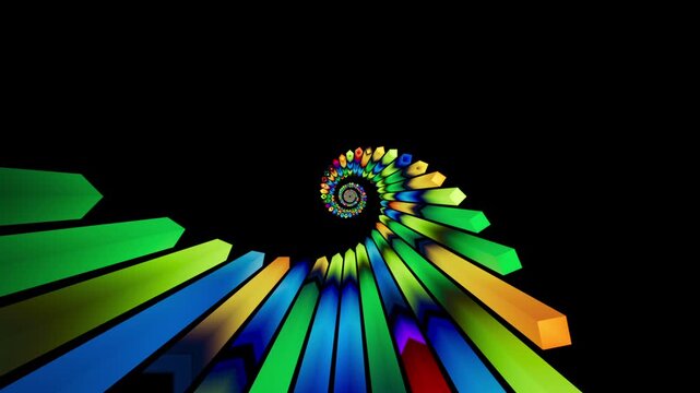 Zooming past rotating neon blades in a rainbow spiral tunnel. Fast-paced abstract animation loop with bold colors. 3D render VJ loop animation.