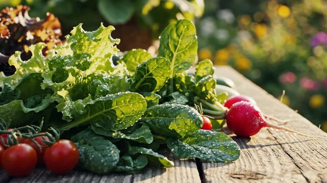 Fresh garden produce harvested outdoors vibrant green leaves red radishes sunlight