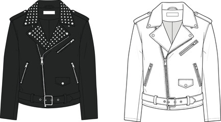 Studded biker jacket technical flat sketch with asymmetrical zipper belt detail and metal hardware, edgy fashion apparel template, cad drawing flat vector illustration