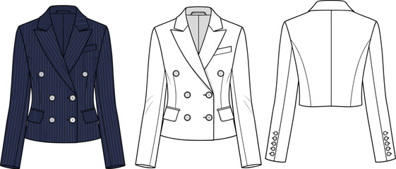 Double breasted tailored blazer technical flat sketch with peak lapel structured silhouette and button details, fashion apparel template, cad drawing flat vector illustration