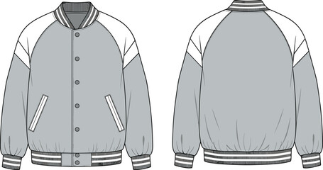 Varsity bomber jacket technical flat sketch with contrast sleeves striped rib collar cuffs and hem, fashion apparel template, cad drawing flat vector illustration