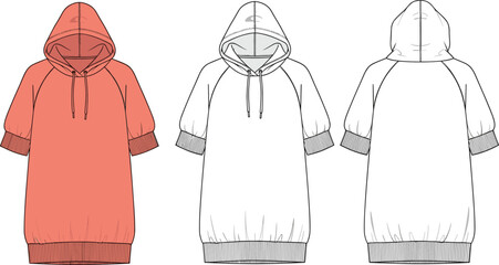 Hooded sweatshirt dress technical flat sketch with short puff sleeves ribbed hem and drawstring hood, casual fashion apparel template, cad drawing flat vector illustration
