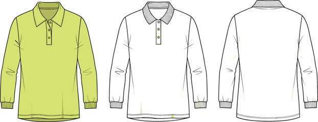 Long sleeve polo shirt technical flat sketch with ribbed collar placket detail and cuffs, casual fashion apparel template, cad drawing flat vector illustration