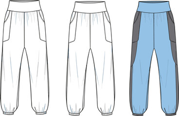 Jogger pants technical flat sketch with contrast side panels and elastic waistband cuffs, fashion apparel template for designers, cad drawing flat vector illustration