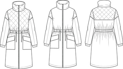 Quilted long jacket technical flat sketch with high collar drawstring waist and utility pockets, fashion apparel template for designers, cad drawing flat vector illustration