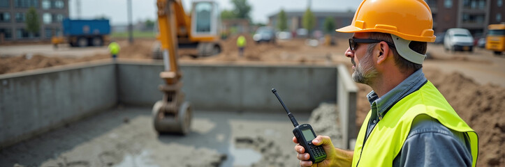 Construction worker supervises building site using walkie talkie communication device. Construction worker in hard hat and safety vest uses communication device to coordinate work activities,