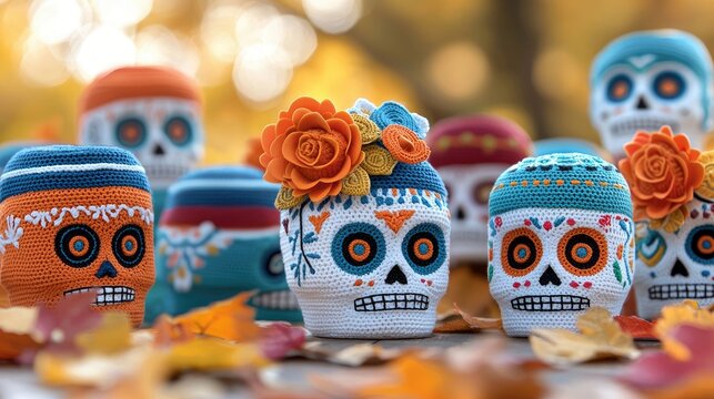 Close-up of a collection of colorful, handmade crochet sugar skulls, adorned with flowers, displayed on a wooden surface with autumn leaves. - Powered by Adobe