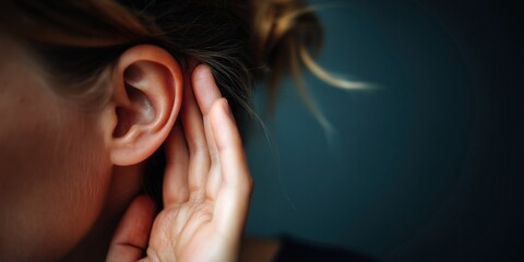 Close-up of a woman's ear with hand cupped behind it, suggesting listening or attentiveness.