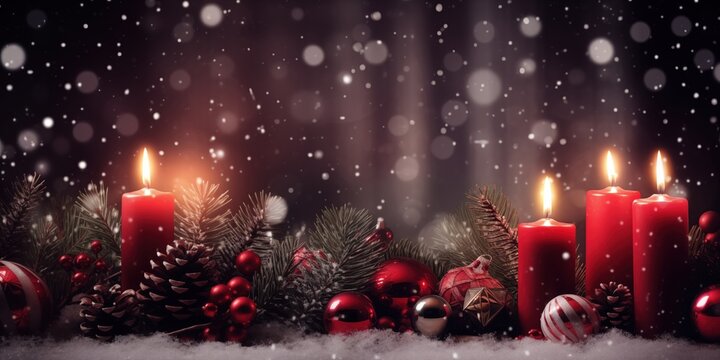 Red candles and ornaments with pine branches create a cozy, festive atmosphere in a snowy setting.