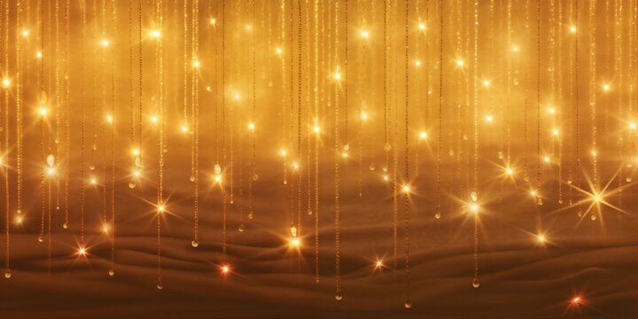 Golden bokeh lights create a warm, festive atmosphere with glowing sparkles and a soft, blurred background.