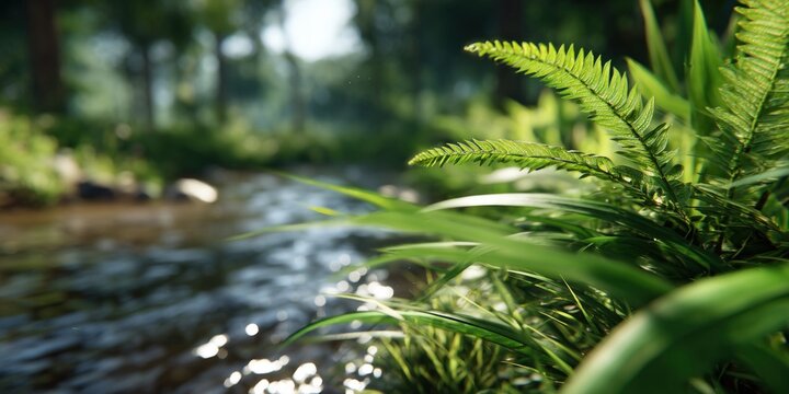Serene forest stream with clear water and vibrant green foliage, creating a peaceful natural scene.