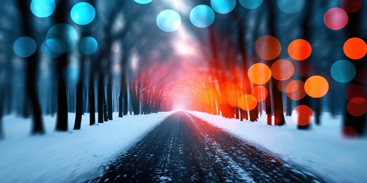 Snow-covered road through a forest with glowing bokeh lights creating a magical winter atmosphere.