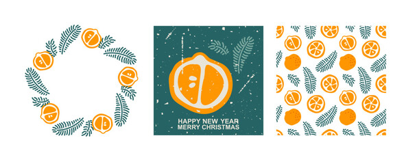 Images features a festive New Year's design with Oranges and Mandarin Slices, spruce Branches, Candy Canes. Festive, winter designs, holiday cards. Christmas Seamless pattern, round frame, card. 