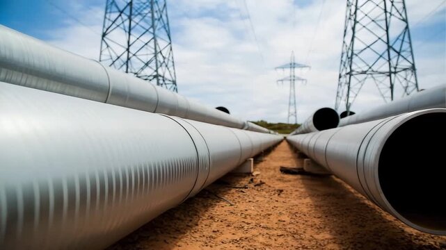 Industrial pipeline construction and power lines in landscape infrastructure project 4k video