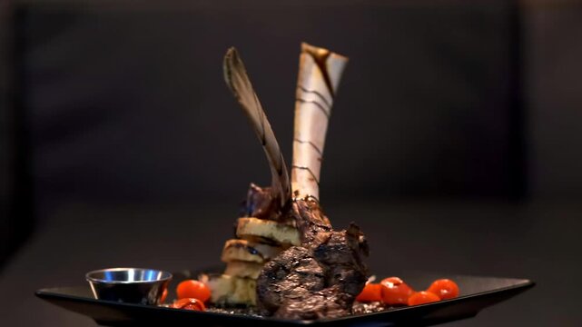 A black plate topped with meat and vegetables on top of a table