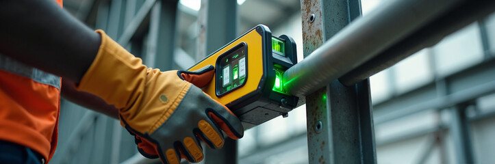 Green laser level tool in worker's hands making measurements on metal construction, handheld device. Green laser level tool ensures accuracy in construction and installation.