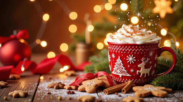 Festive red Christmas mug with whipped cream and cinnamon beside gingerbread cookies on wooden table, cozy holiday scene with bokeh lights and Christmas decorations, warm and inviting mood - Powered by Adobe