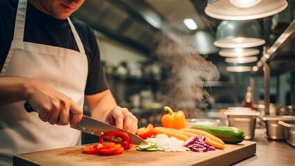 Other vegetables like carrots, zucchini, onions, and an orange bell pepper are also on the board, and steam is rising near the brightly lit prep area.