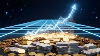 A dark, stylized image depicting financial growth and success. In the foreground, there is a large pile of gold coins and stacks of paper currency.