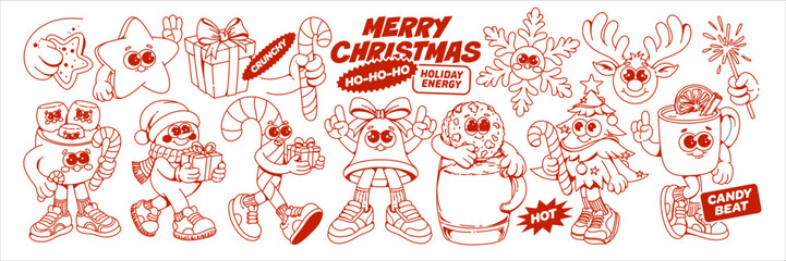 Retro Christmas Mascot Character Set. Monochrome 70s cartoon holiday illustrations with candy cane, star, snowflake, bell, cookie, cocoa mug, reindeer, gift and tree