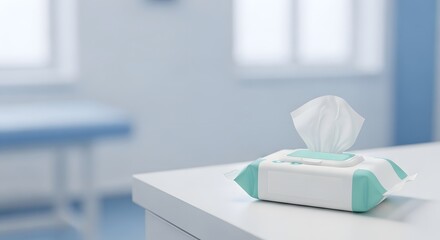 Pack of disinfectant wipes resting on a clinic table in a sterile examination room for cervical cancer awareness concept and preventative health