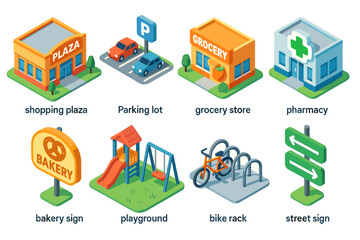 Obraz premium Colorful Urban Environment Featuring Shopping Center Parking Lot Grocery Store Bakery Playground Pharmacy Bicycle Rack