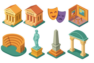 Isometric Icons of Cultural Landmarks and Art Elements Including Statues and Theaters