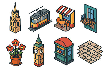 Fototapeta premium Isometric Illustration of Iconic City Landmarks and Structures in Vibrant Colors