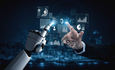 AI interacts with data analytics dashboard, reading trends, improving decisions, and enhancing insights using advanced data analytics capabilities. Vouch