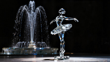 Crystal ballet dancer sculpture in front of a fountain at night  