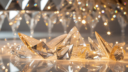 Refractive prisms scatter light, reflecting on the surface with shimmering crystal bokeh in the background