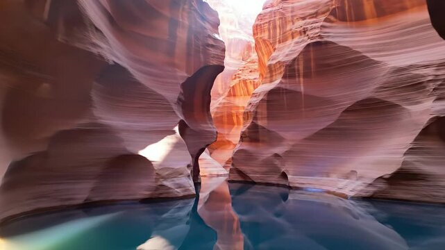 Natural slot canyon rock formation with water reflection sunlight illumination