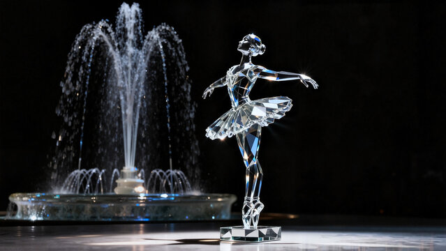 Crystal ballet dancer sculpture in front of a fountain at night   - Powered by Adobe