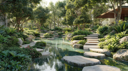 Fototapeta premium A stunning, tranquil landscape featuring crystal-clear stream, large natural stepping stones, and lush green vegetation. Scene captures harmonious blend of nature, rocks, water, architectural elements