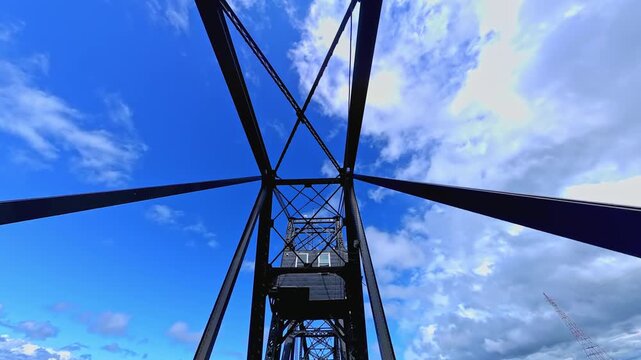 Crossing Little Current Swing Bridge top view driving plate in Northeastern Manitoulin Island, Highway 6, Ontario. The bridge will be replaced with two lane bridge, pedestrian walkway and bike lane..