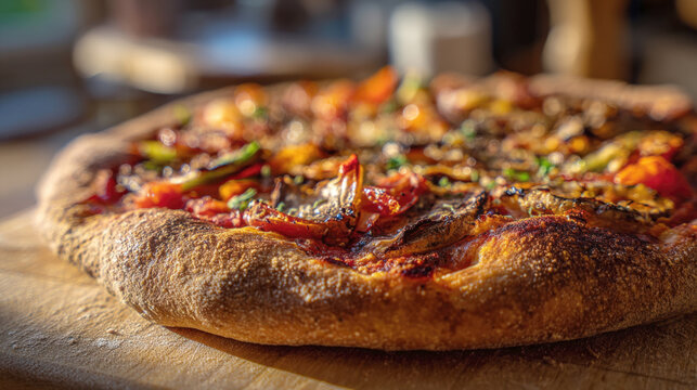 artisan pizza with a thick, golden, textured crust and savory toppings like mushrooms and peppers, resting on a wooden board in bright, warm sunlight, emphasizing texture and appetizing detail. - Powered by Adobe