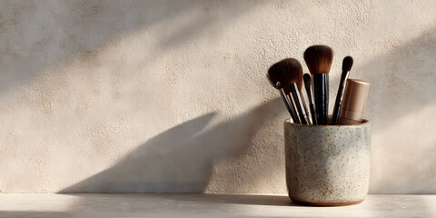 Neutral-toned makeup scene: brushes in ceramic vessel, minimalist products, artistic wall shadow effect