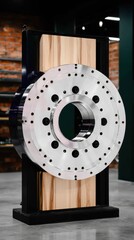 A shiny metal ring with holes is mounted on a wooden and metal stand indoors