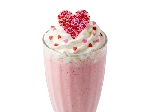 Pink smoothie decorated with small hearts for Valentine’s Day, PNG transparent background