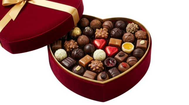 Open heart-shaped chocolate box for Valentine’s Day, PNG transparent background - Powered by Adobe