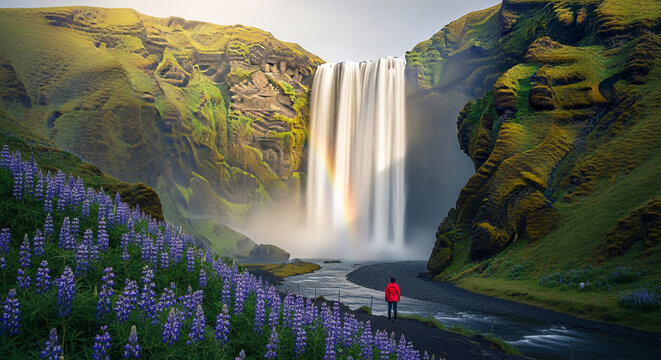 Scenic view of large waterfall with rainbow, green hills, and purple lupine field, representing nature's power, beauty, and the sense of wonder