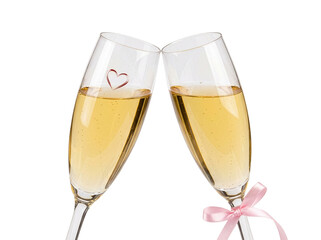 Champagne glasses with hearts for Valentine’s Day, PNG transparent background