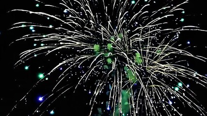 Bright colorful fireworks explosion in night sky. High quality FullHD footage