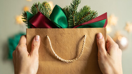 Hands hold a kraft paper bag filled with green and red satin ribbons and fresh evergreen branches, creating a simple and festive holiday arrangement