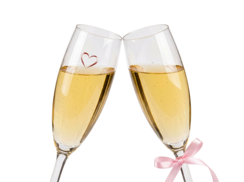 Champagne glasses with hearts for Valentine’s Day, PNG transparent background