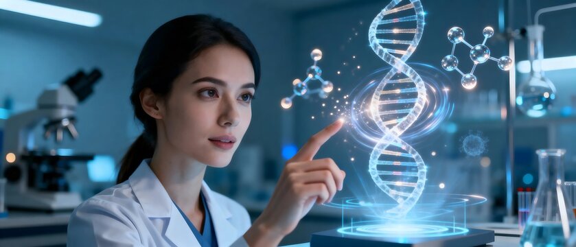 Female Scientist with Holographic DNA in Futuristic Lab - Powered by Adobe