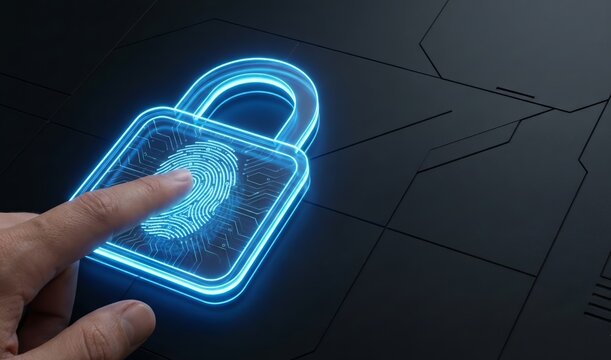 Fingerprint unlocking a digital padlock for cybersecurity and secure access
