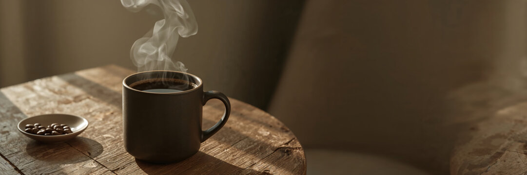 Steamy coffee cup on rustic wooden table with roasted beans, cozy morning atmosphere