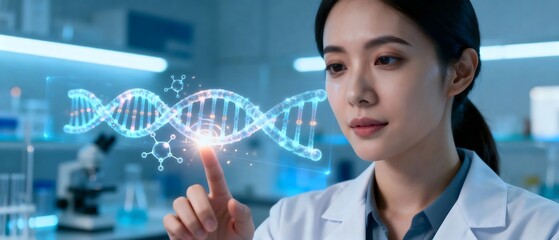 Female Scientist with Holographic DNA in Lab