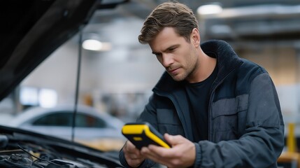 A mechanic calibrating a car’s diagnostic sensors under the hood, handheld device showing real-time engine readings as they adjust components in tiny increments — automotive diagnostics, vehicle